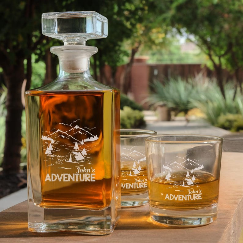 Personalized Seek Adventure Name Decanter Set And Whiskey Glasses | Engraved Whiskey Decanter Set | Gift For Dad