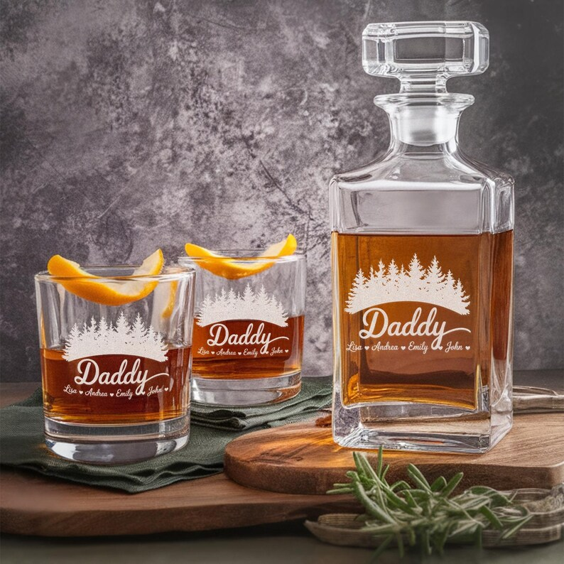 Personalized Mountain Daddy Name Decanter Set And Whiskey Glasses | Engraved Whiskey Decanter Set | Gift For Dad
