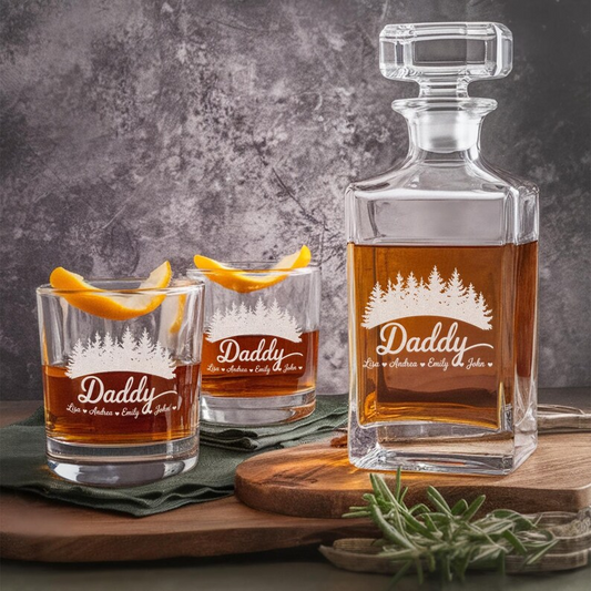 Personalized Mountain Daddy Name Decanter Set And Whiskey Glasses | Engraved Whiskey Decanter Set | Gift For Dad