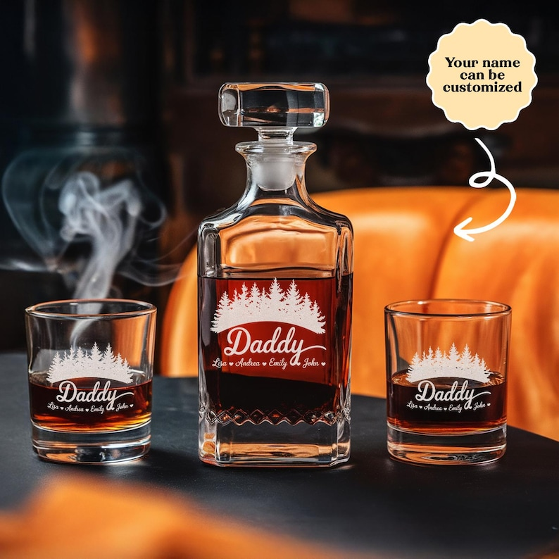 Personalized Mountain Daddy Name Decanter Set And Whiskey Glasses | Engraved Whiskey Decanter Set | Gift For Dad