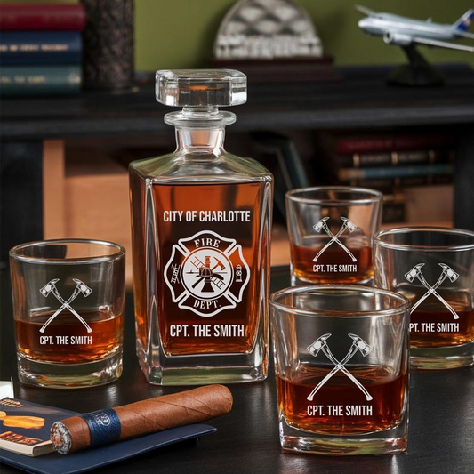 Firefighter Decanter Set And Whiskey Glasses | Engraved Whiskey Decanter Set | Fireman Gift