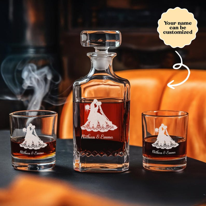 Personalized Name Bride And Groom Decanter Set And Whiskey Glasses | Engraved Whiskey Decanter Set | Gift For Wedding