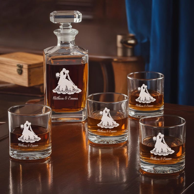 Personalized Name Bride And Groom Decanter Set And Whiskey Glasses | Engraved Whiskey Decanter Set | Gift For Wedding