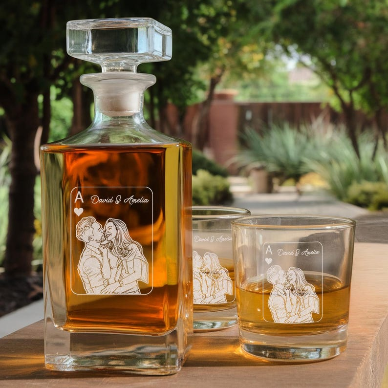 Custom Couple Name And Photo Decanter Set And Whiskey Glasses | Engraved Whiskey Decanter Set | Gift For Couple