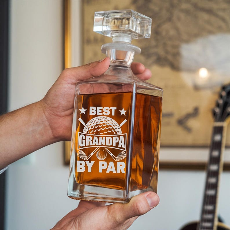 Best Grandpa By Par Decanter Set And Whiskey Glasses | Engraved Whiskey Decanter Set | Gift For Dad