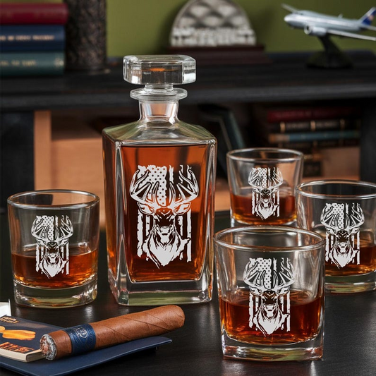 USA Flag Buck Hunting Decanter Set And Whiskey Glasses | Engraved Whiskey Decanter Set | Hunting Personalized Decanter