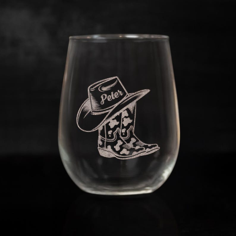 Personalized Name Cowgirl Cowboy Drink Wine Glass | Gift For Husband | Engraved Wine Glass
