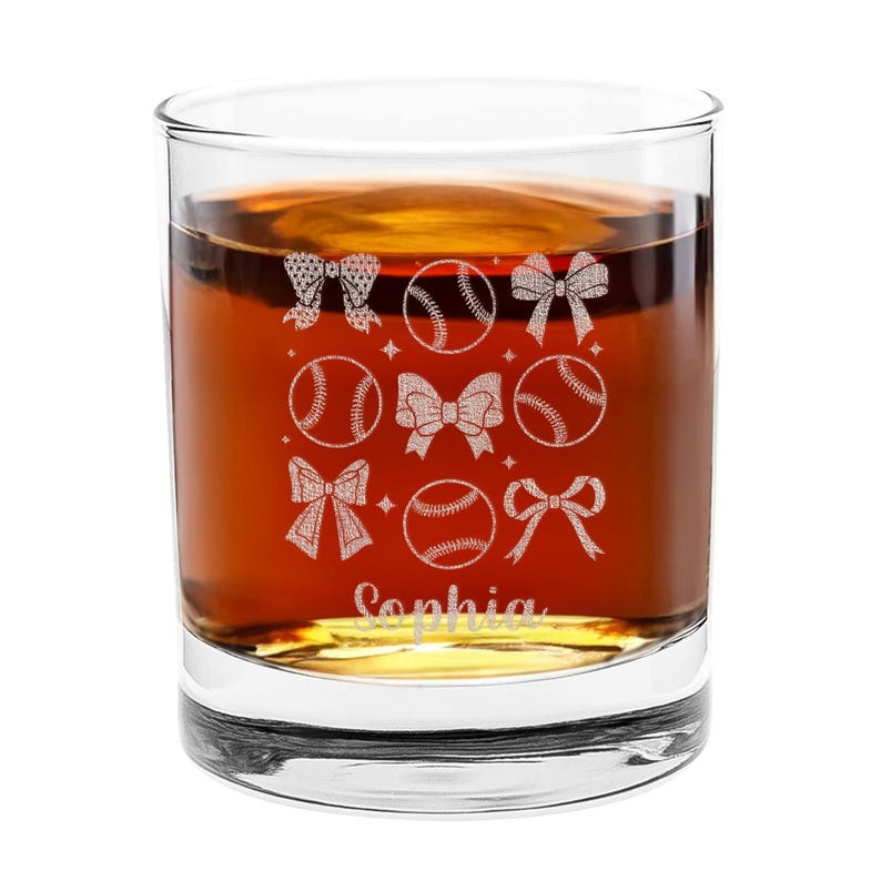 Personalized Baseball And Bow Whiskey Glasses | Engraved Whiskey Glass | Gift For Friend