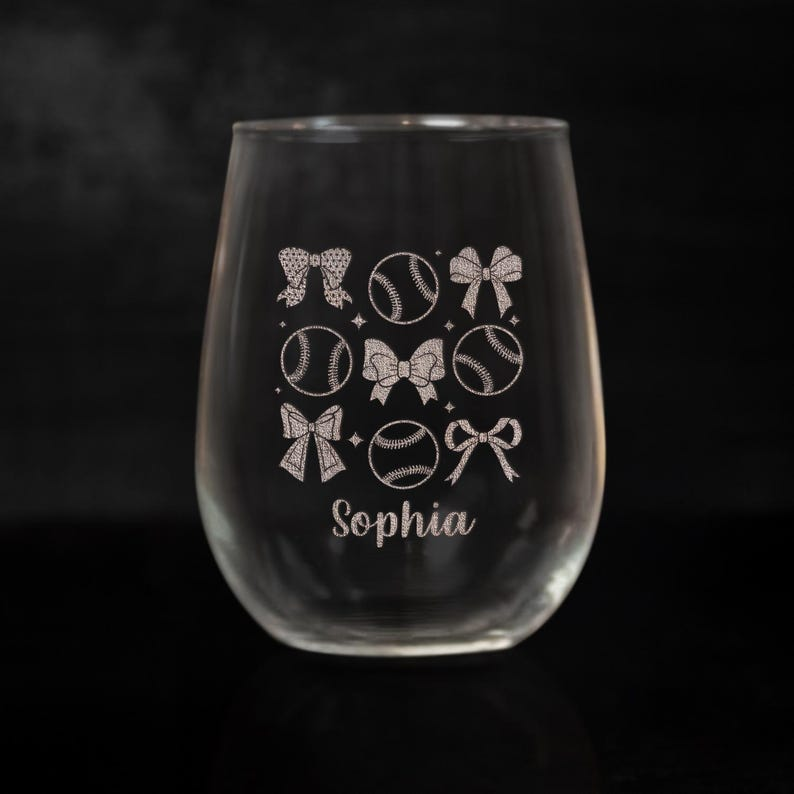 Personalized Baseball And Bow Wine Glasses | Engraved Wine Glass | Gift For Friend