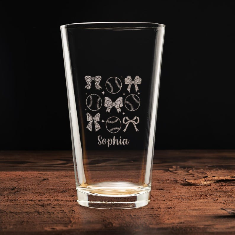 Personalized Baseball And Bow Engraved Beer Glass | Funny Gift For Friend | Birthday Gift