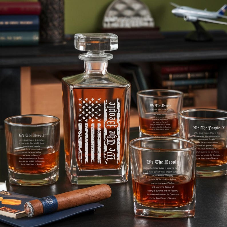 We The People American Flag Decanter Set And Whiskey Glasses | Engraved Whiskey Decanter Set