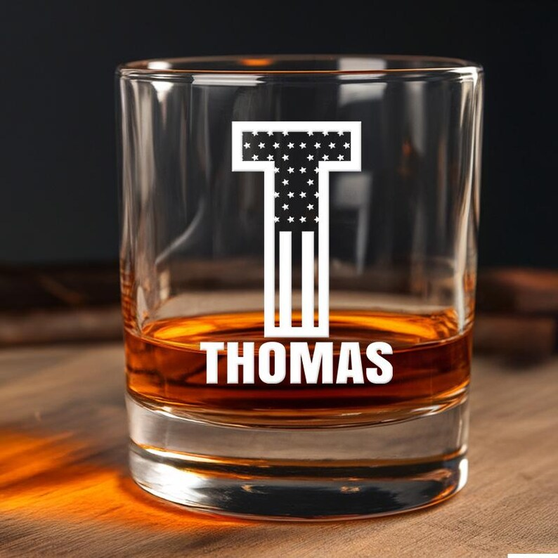 Custom Name American Flag Whiskey Glass | Engraved Whiskey Glass | Birthday Gift