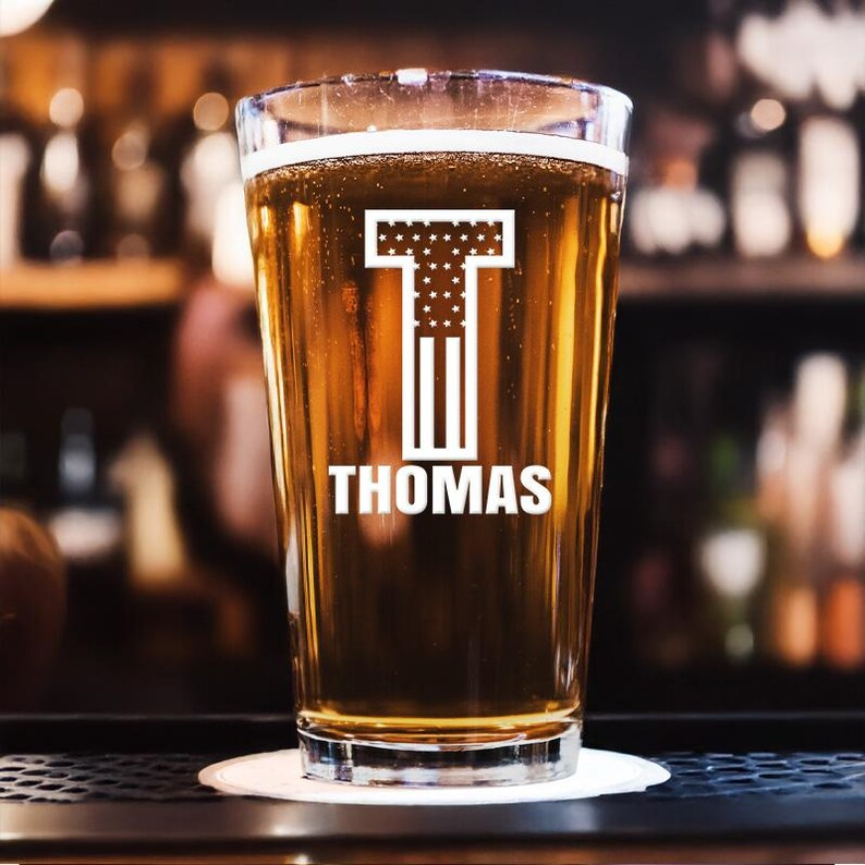 Custom Name American Flag Pint Glass | Engraved Beer Glass | Gift For Birthday