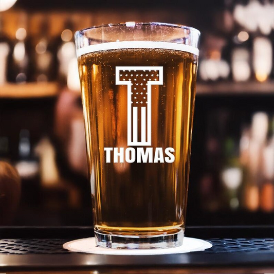 Custom Name American Flag Pint Glass | Engraved Beer Glass | Gift For Birthday