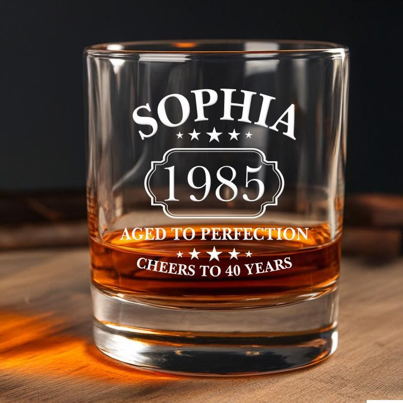 Custom Name And Year Whiskey Glass | Aged To Perfection Engraved Whiskey Glass | Birthday Gift