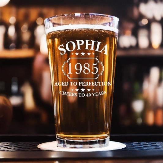 Custom Name And Year Pint Glass | Aged To Perfection Engraved Beer Glass | Birthday Gift
