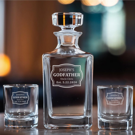 Godfather Custom Name And Year Decanter Set And Whiskey Glasses | Engraved Whiskey Decanter Set | Gift For Dad
