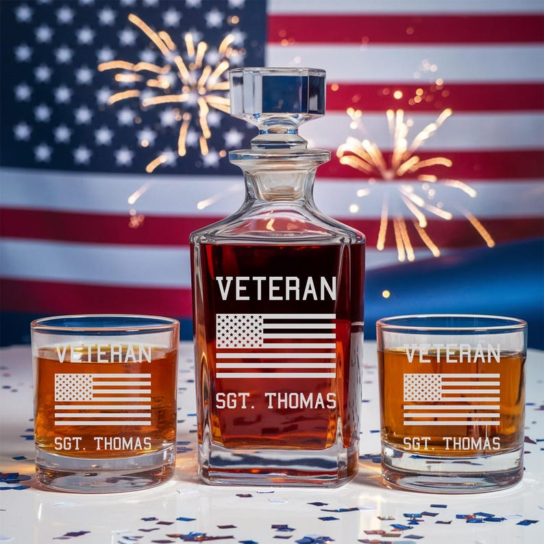 US Veteran Decanter Set And Whiskey Glasses | Engraved Whiskey Decanter Set | Gift For Veteran