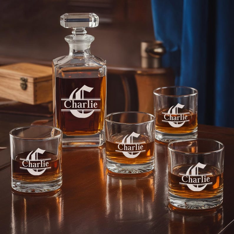 Personalized Logo With Name Decanter Set And Whiskey Glasses | Engraved Whiskey Decanter Set | Birthday Gift