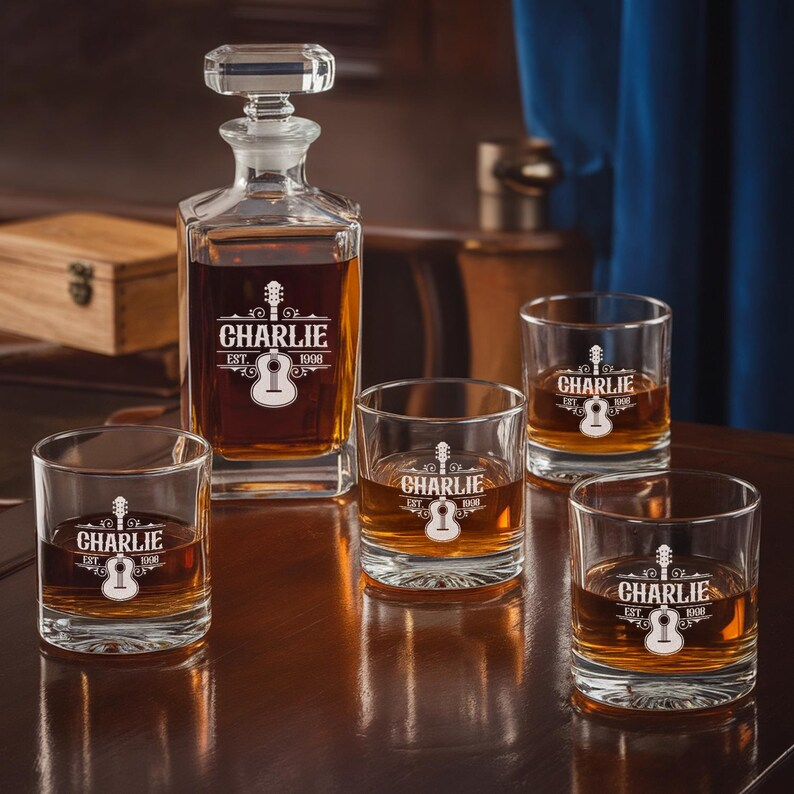 Personalized Logo Name Guitar Player Decanter Set And Whiskey Glasses | Engraved Whiskey Decanter Set | Gift For Music Lover