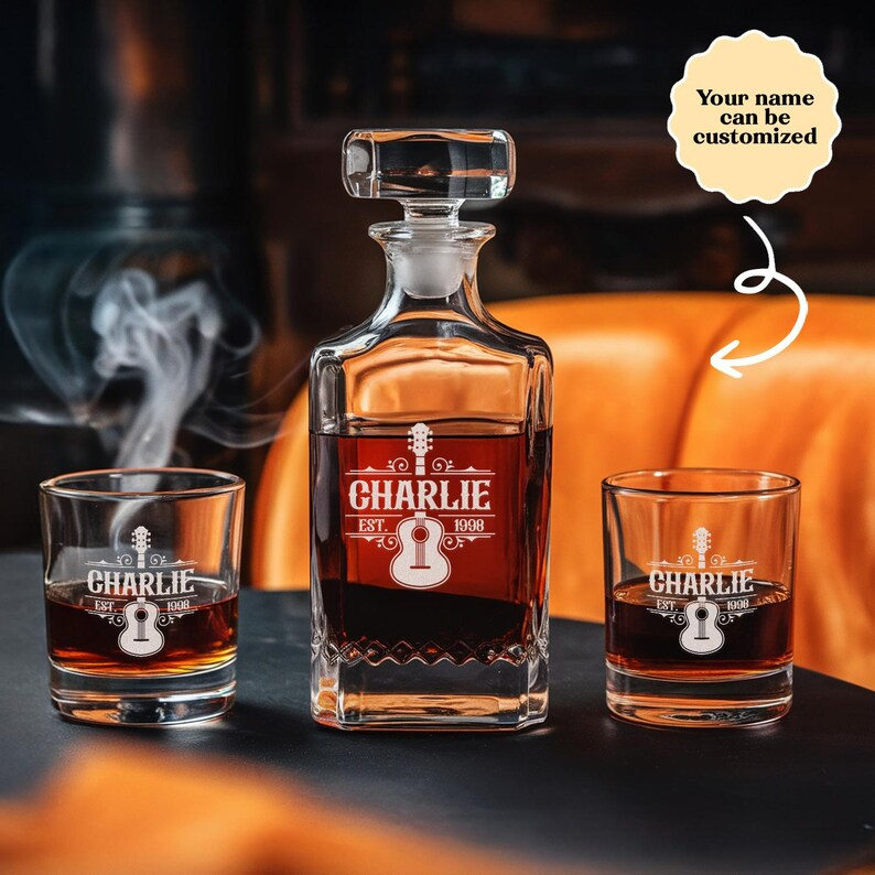 Personalized Logo Name Guitar Player Decanter Set And Whiskey Glasses | Engraved Whiskey Decanter Set | Gift For Music Lover