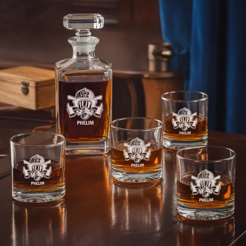 Personalized Firefighter Dad Decanter Set And Whiskey Glasses | Engraved Whiskey Decanter Set | Gift For Firefighter