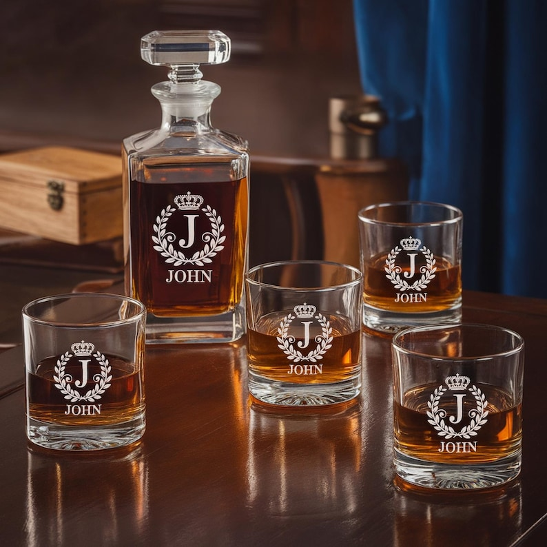 Custom Monogram Initial Letter Name Decanter Set And Whiskey Glasses | Engraved Whiskey Decanter Set | Birthday Gift For Him