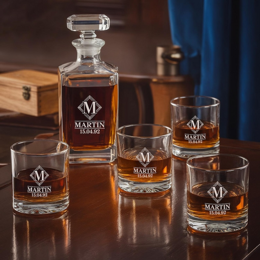 Personalized Monogram Initial Letter Name Decanter Set And Whiskey Glasses | Engraved Whiskey Decanter Set | Birthday Gift For Him