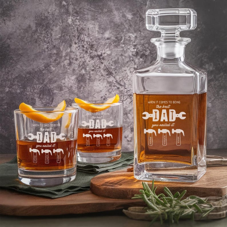 Personalized The Best Dad Decanter Set And Whiskey Glasses | Engraved Name Whiskey Decanter Set | Gift For Dad