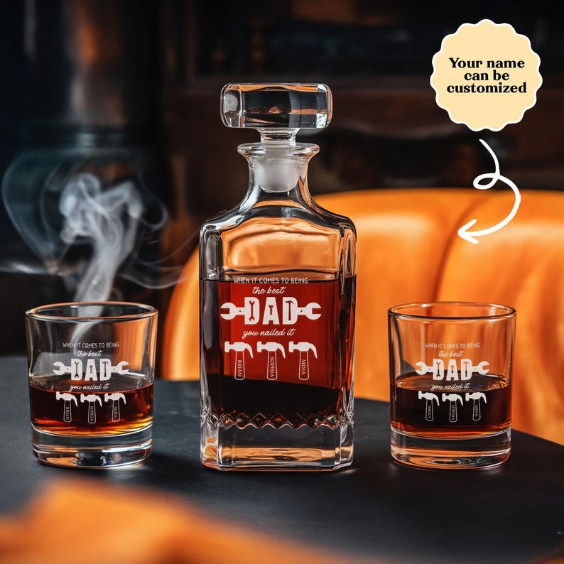Personalized The Best Dad Decanter Set And Whiskey Glasses | Engraved Name Whiskey Decanter Set | Gift For Dad