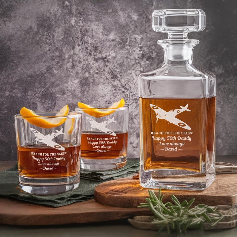 Personalized Name Reach For The Skies Decanter Set And Whiskey Glasses | Engraved Name Whiskey Decanter Set | Gift For Dad