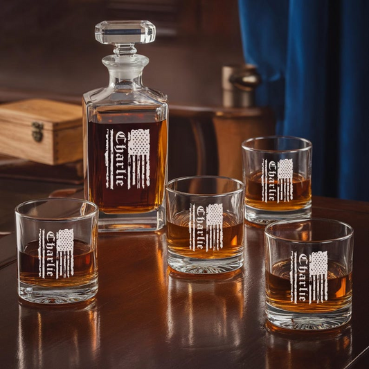 Personalized Name American Flag Decanter Set And Whiskey Glasses | Engraved Whiskey Decanter Set | Gift For Dad