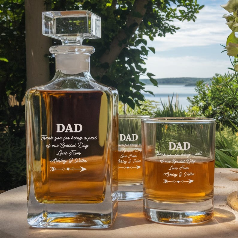 Custom Dad's Bride Decanter Set And Whiskey Glasses | Engraved Whiskey Decanter Set | Gift For Dad