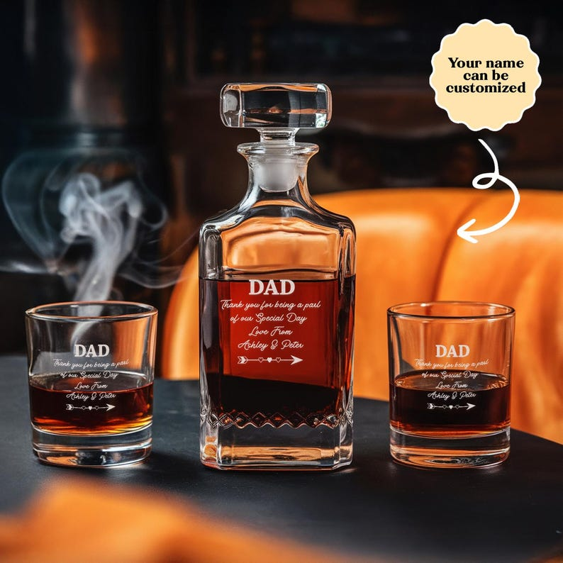 Custom Dad's Bride Decanter Set And Whiskey Glasses | Engraved Whiskey Decanter Set | Gift For Dad
