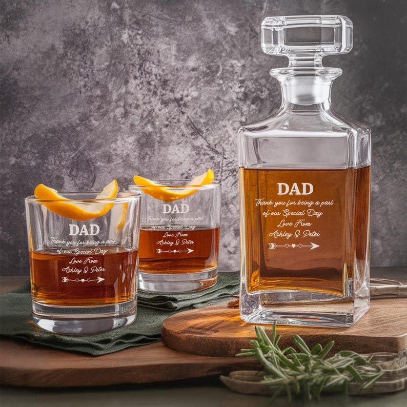 Custom Dad's Bride Decanter Set And Whiskey Glasses | Engraved Whiskey Decanter Set | Gift For Dad