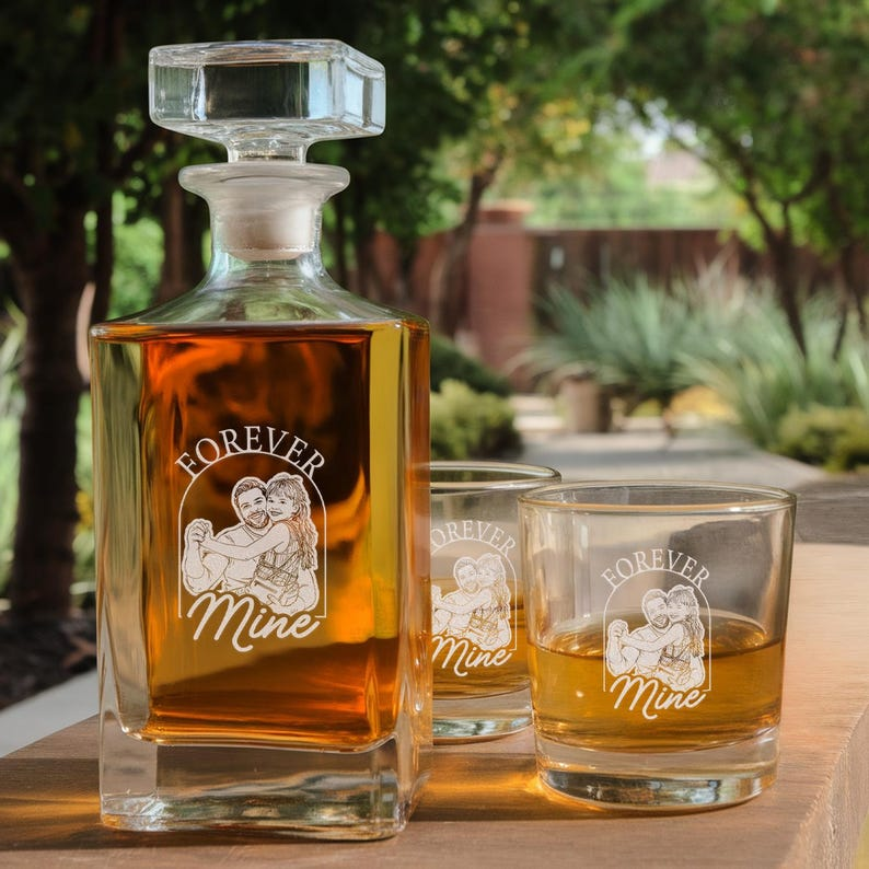 Custom Photo Daddy Forever Mine Decanter Set And Whiskey Glasses | Engraved Whiskey Decanter Set | Birthday Gift For Dad