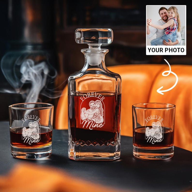 Custom Photo Daddy Forever Mine Decanter Set And Whiskey Glasses | Engraved Whiskey Decanter Set | Birthday Gift For Dad