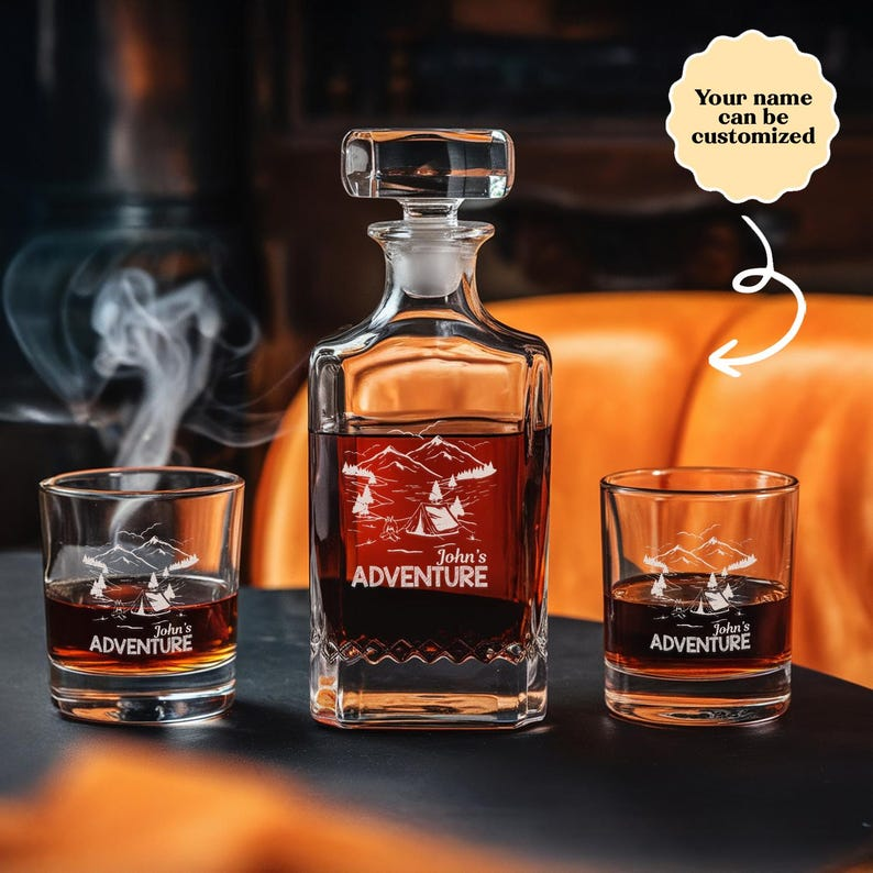 Personalized Seek Adventure Name Decanter Set And Whiskey Glasses | Engraved Whiskey Decanter Set | Gift For Dad