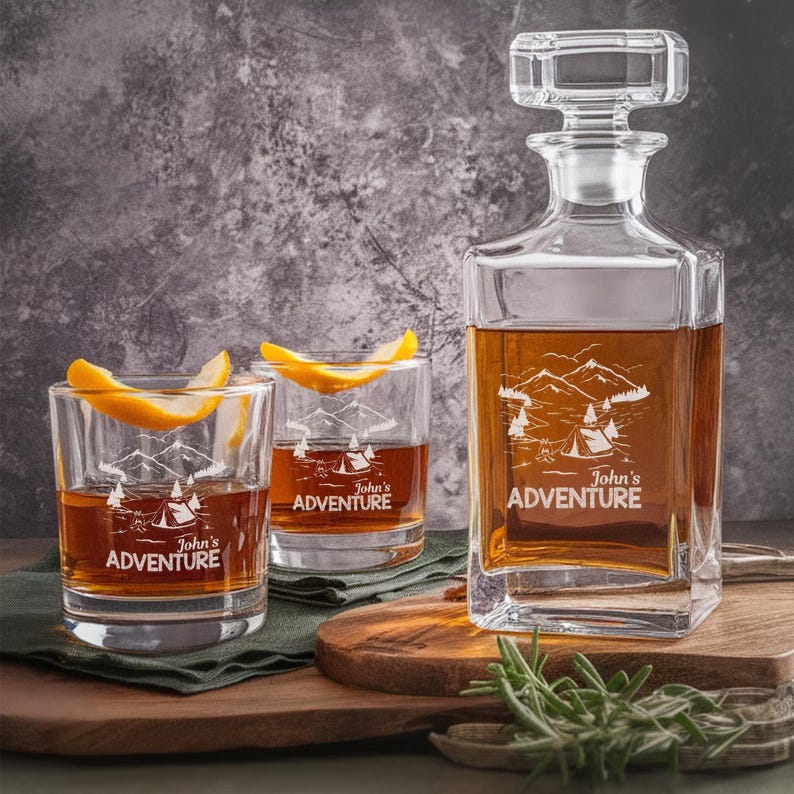 Personalized Seek Adventure Name Decanter Set And Whiskey Glasses | Engraved Whiskey Decanter Set | Gift For Dad
