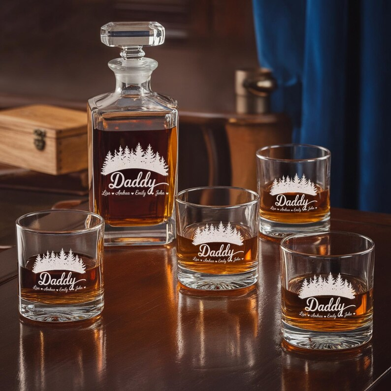 Personalized Mountain Daddy Name Decanter Set And Whiskey Glasses | Engraved Whiskey Decanter Set | Gift For Dad