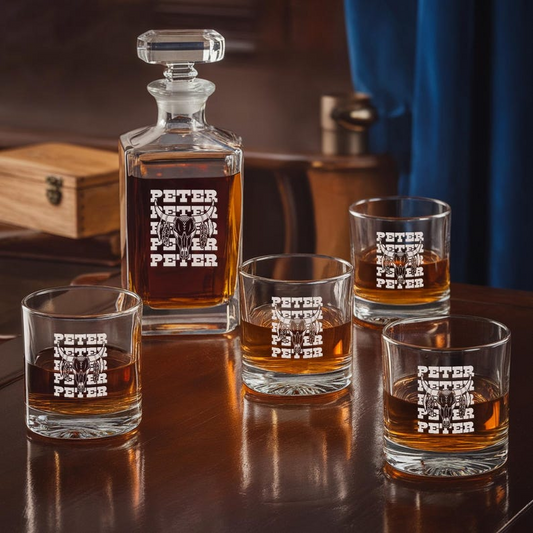Personalized Cowboy Name Decanter Set And Whiskey Glasses | Engraved Whiskey Decanter Set | Gift For Dad