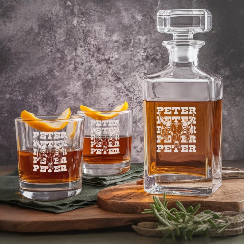 Personalized Cowboy Name Decanter Set And Whiskey Glasses | Engraved Whiskey Decanter Set | Gift For Dad