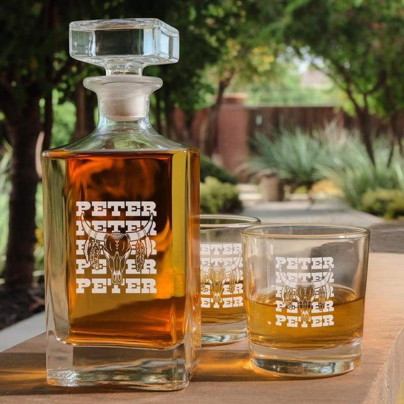 Personalized Cowboy Name Decanter Set And Whiskey Glasses | Engraved Whiskey Decanter Set | Gift For Dad