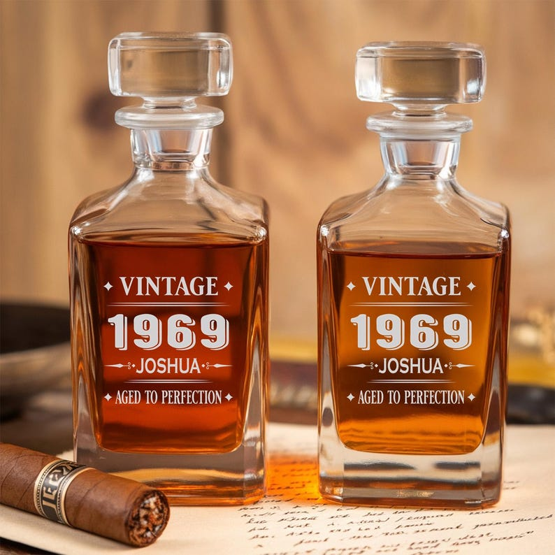 Custom Name And Year Aged To Perfection Decanter Set And Whiskey Glasses | Engraved Whiskey Decanter Set | Gift For Dad