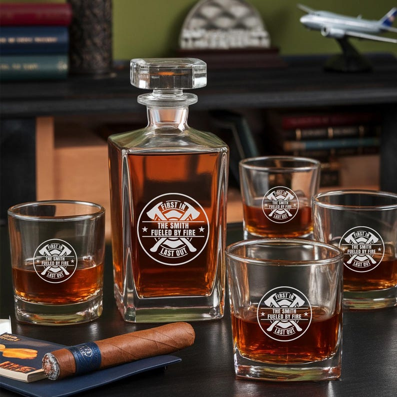 Firefighter Decanter Set And Whiskey Glasses | Firefighters' Engraved Draper Whiskey Decanter Set | Fireman Gifts