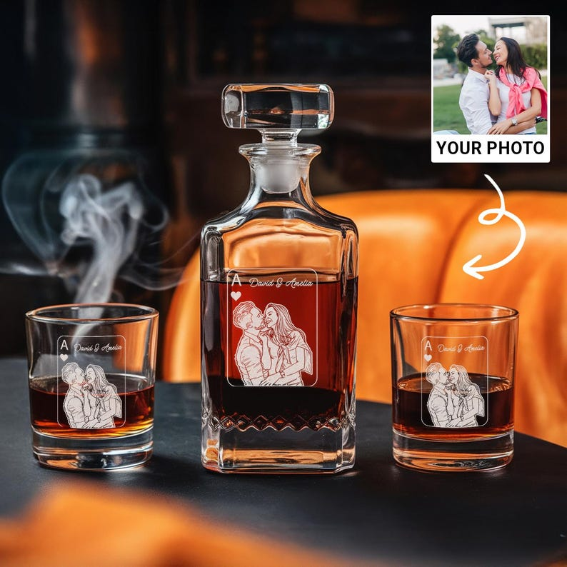 Custom Photo Daddy Forever Mine Decanter Set And Whiskey Glasses | Engraved Whiskey Decanter Set | Birthday Gift For Dad