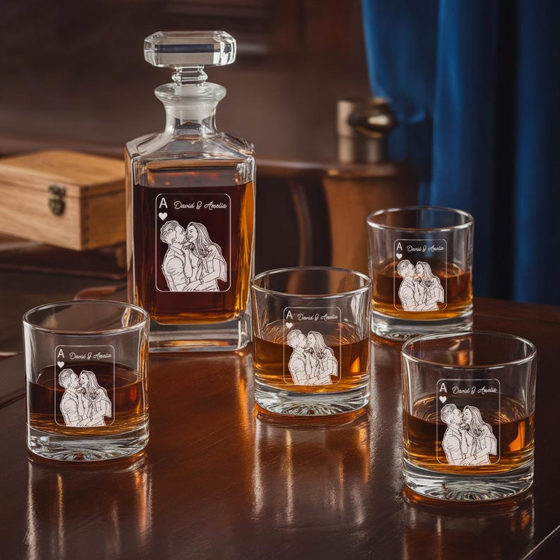Custom Couple Name And Photo Decanter Set And Whiskey Glasses | Engraved Whiskey Decanter Set | Gift For Couple
