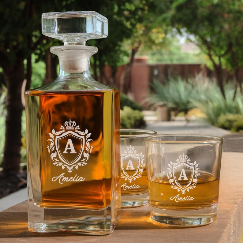 Personalized Logo Name Decanter Set And Whiskey Glasses | Engraved Whiskey Decanter Set | Gift For Birthday