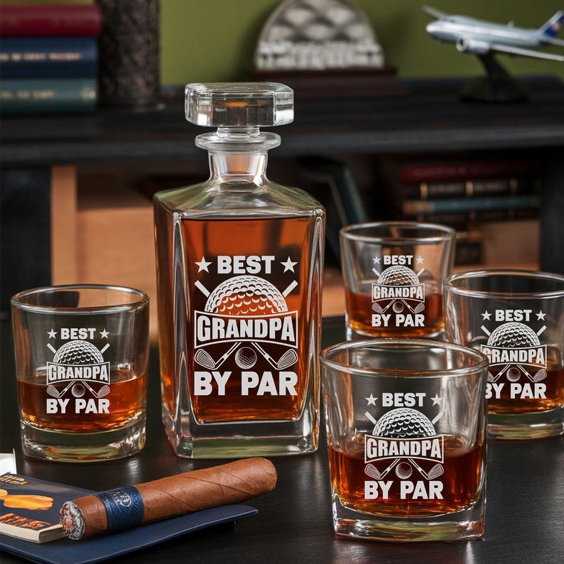 Best Grandpa By Par Decanter Set And Whiskey Glasses | Engraved Whiskey Decanter Set | Gift For Dad