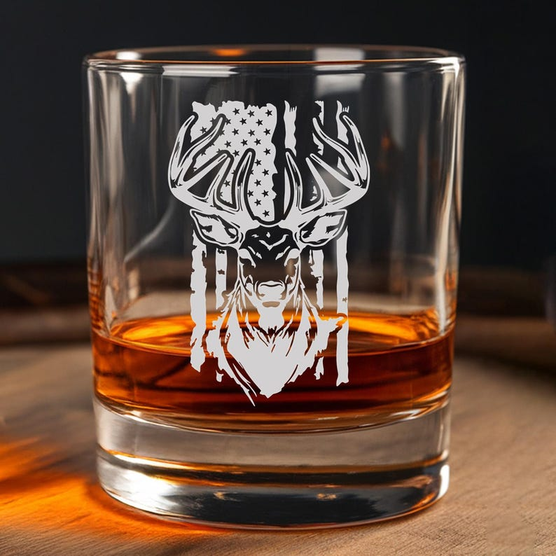 USA Flag Buck Hunting Decanter Set And Whiskey Glasses | Engraved Whiskey Decanter Set | Hunting Personalized Decanter